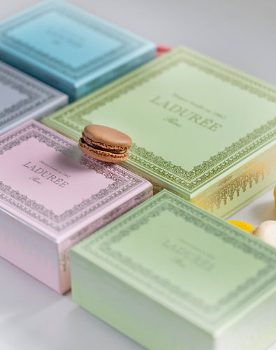 Napoléon macarons gift boxes with a chocolate macaron
