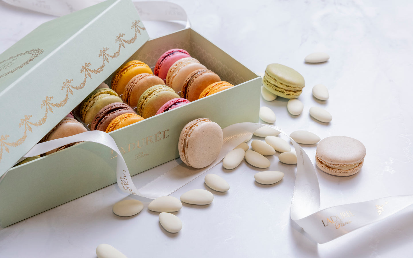 Intemporel green macarons box with sugred almonds