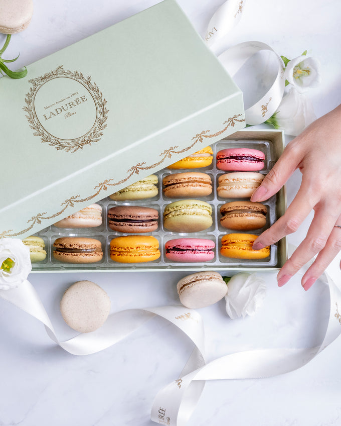 Intemporel green macarons box with a hand