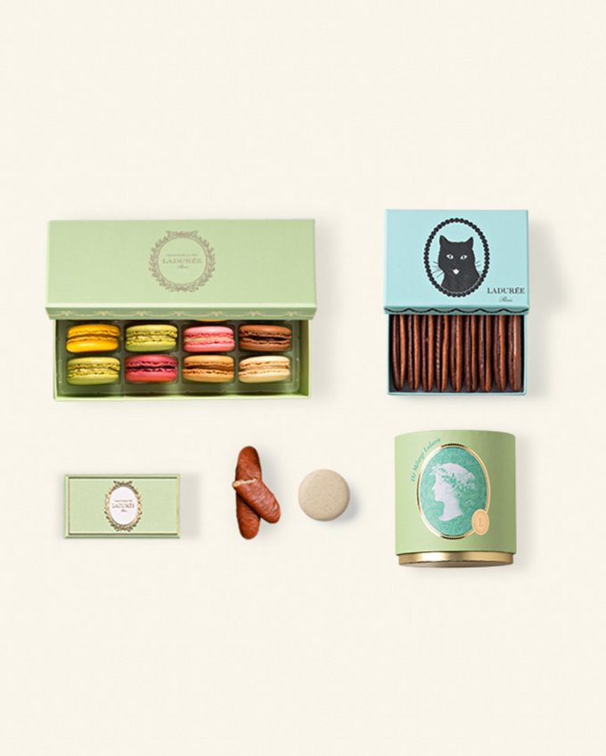 Ladurée “The Art of Tea Time” selection with macarons, tea, chocolates and langues de chat biscuits for Father’s Day